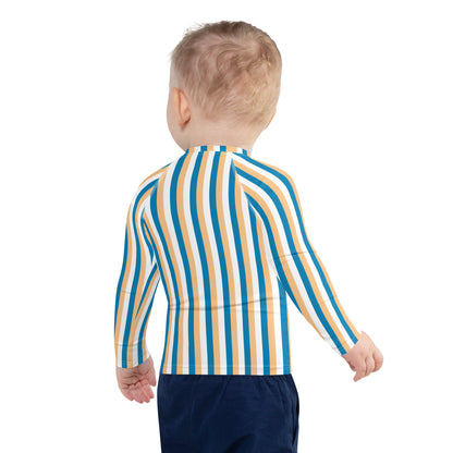 kids long sleeve rash guard swim top UPF50 palm beach by day blue yellow stripes.