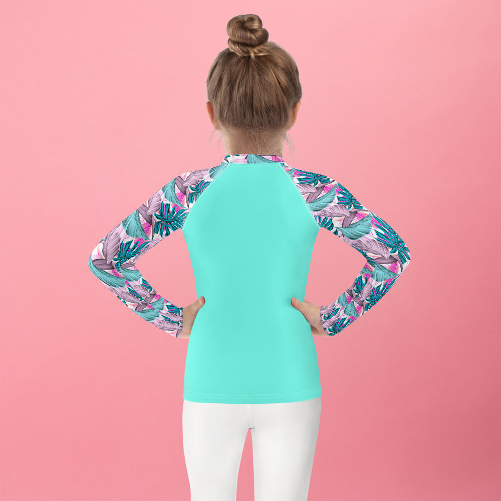 YMT classics kids long sleeve rash guard swim top UPF50 by day blue turquoise tropical.