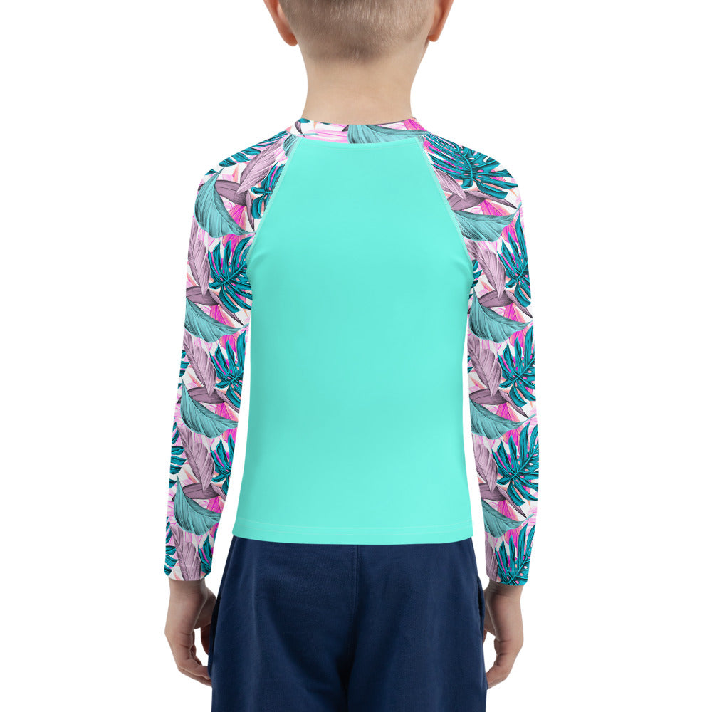 YMT classics kids long sleeve rash guard swim top UPF50 by day blue turquoise tropical.