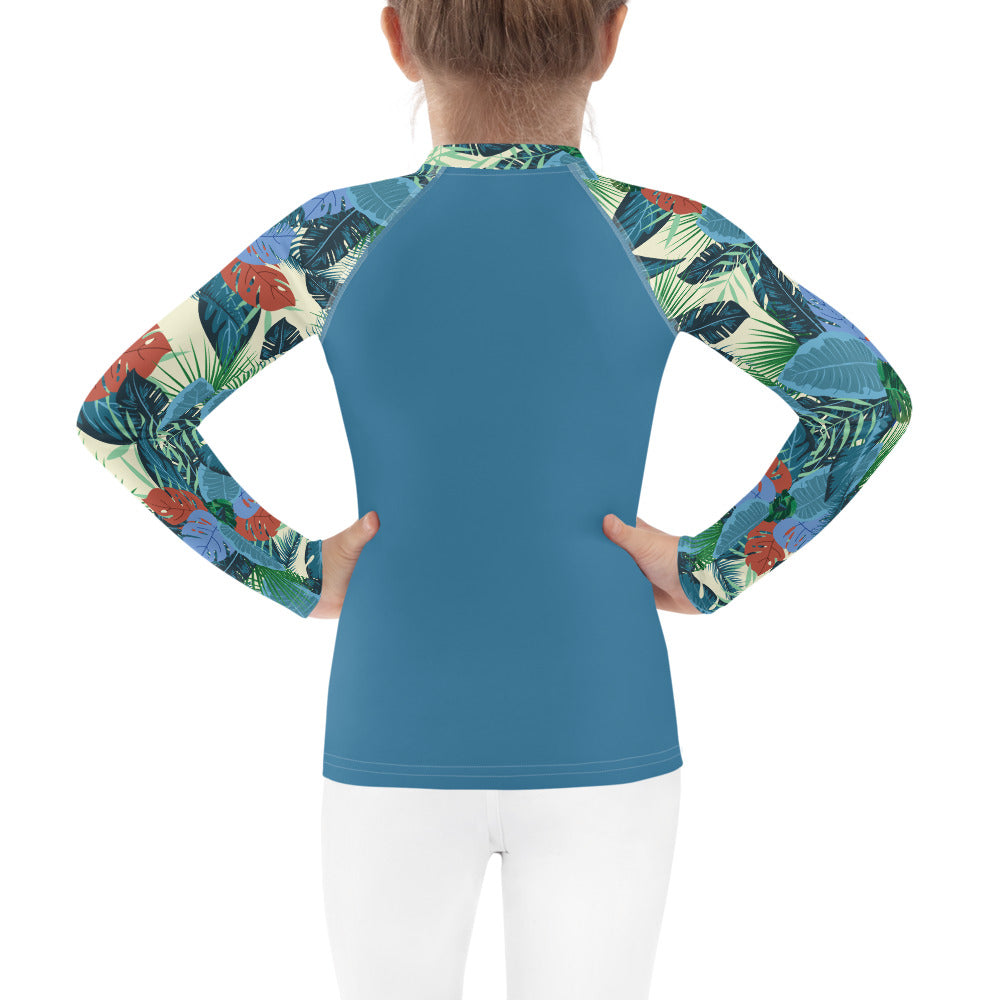 YMT classics kids long sleeve rash guard swim top UPF50 by day blue tropical.