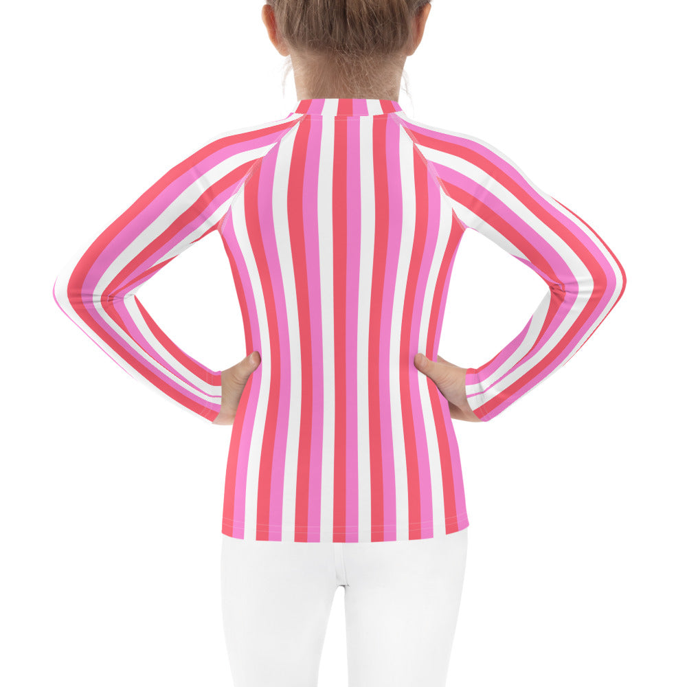 kids long sleeve rash guard swim top UPF50 miami by day neon pink coral stripes.