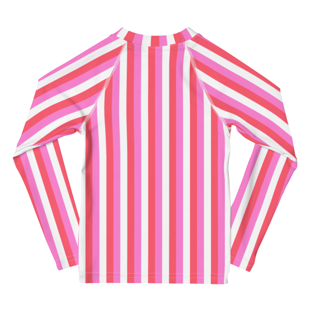 kids long sleeve rash guard swim top UPF50 miami by day neon pink coral stripes.