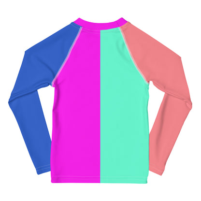 kids long sleeve rash guard swim top UPF50 miami by night colorblock pink.