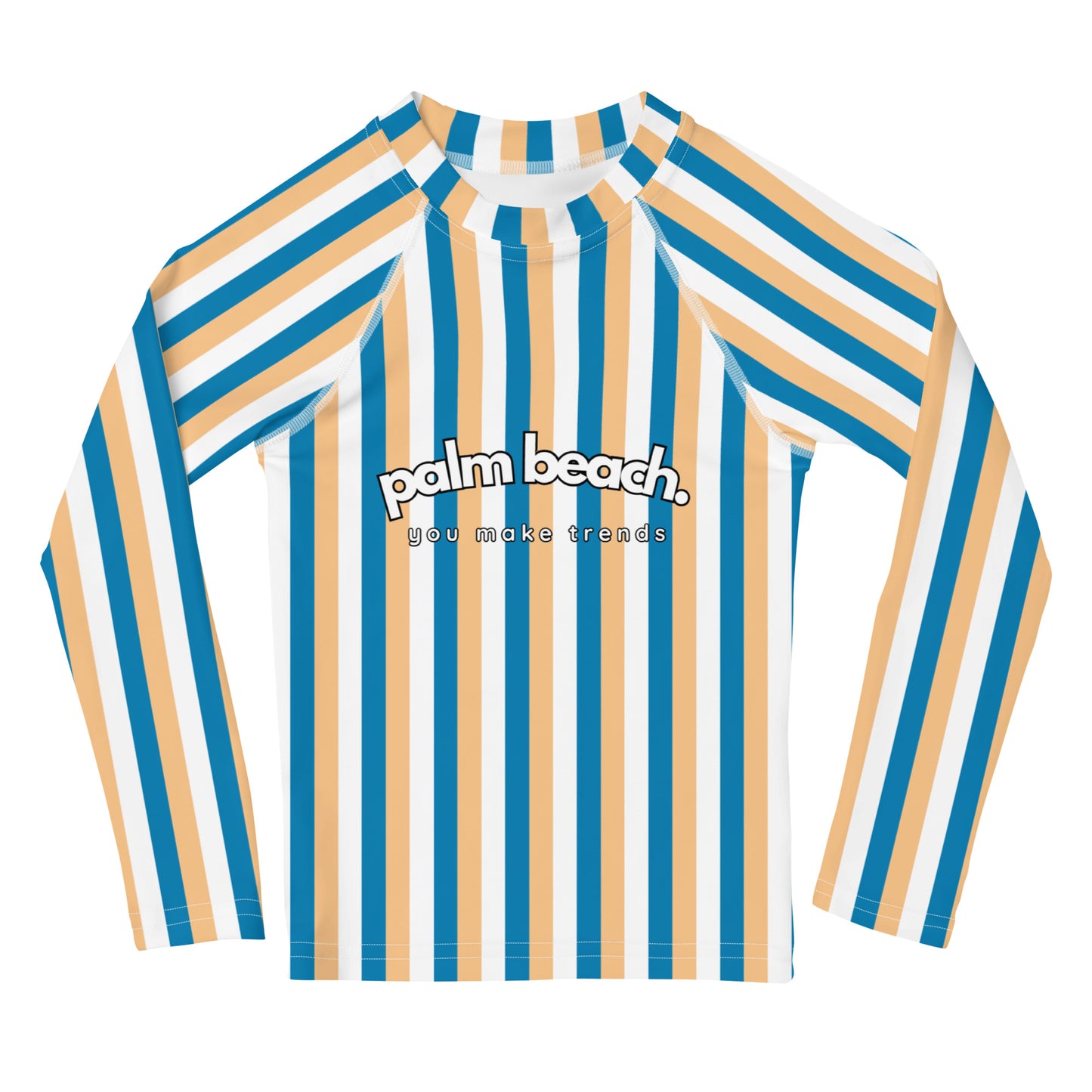 kids long sleeve rash guard swim top UPF50 palm beach by day blue yellow stripes.