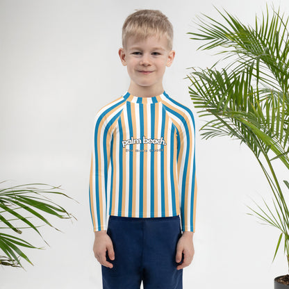 kids long sleeve rash guard swim top UPF50 palm beach by day blue yellow stripes.