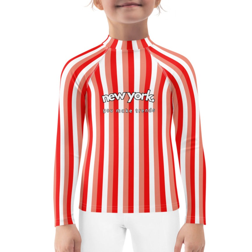 kids long sleeve rash guard swim top UPF50 new york by day pink coral red stripes.