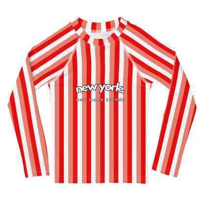 kids long sleeve rash guard swim top UPF50 new york by day pink coral red stripes.