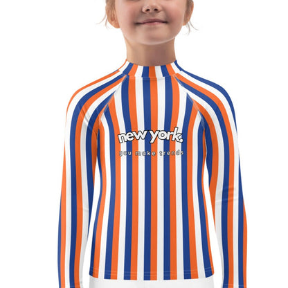 kids long sleeve rash guard swim top UPF50 new york by day orange blue indigo stripes.