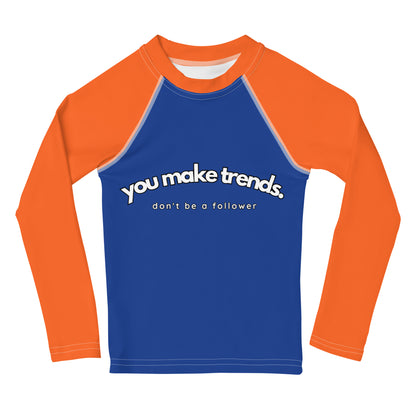 YMT classics kids long sleeve rash guard swim top UPF50 by night indigo blue orange.