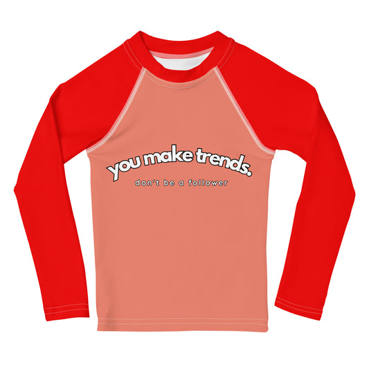 YMT classics kids long sleeve rash guard swim top UPF50 by night red orange coral.