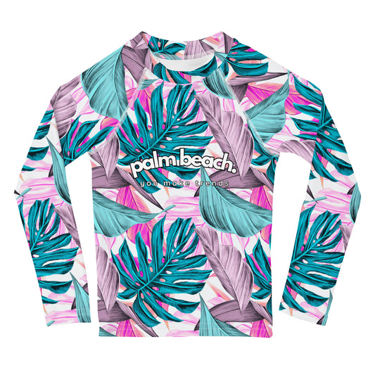 kids long sleeve rash guard swim top UPF50 palm beach by night pink tropical.