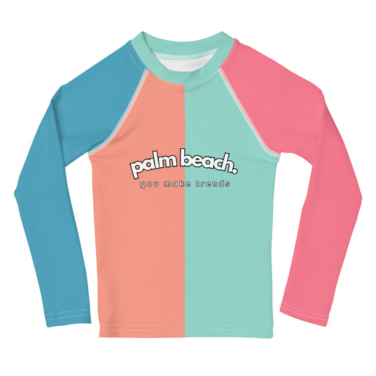 kids long sleeve rash guard swim top UPF50 palm beach by night colorblock pink.