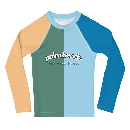 kids long sleeve rash guard swim top UPF50 palm beach by night colorblock blue.