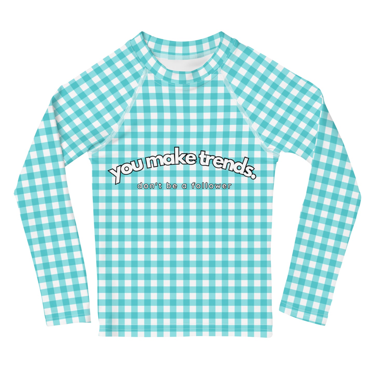 YMT classics kids long sleeve rash guard swim top UPF50 by day blue turquoise gingham.