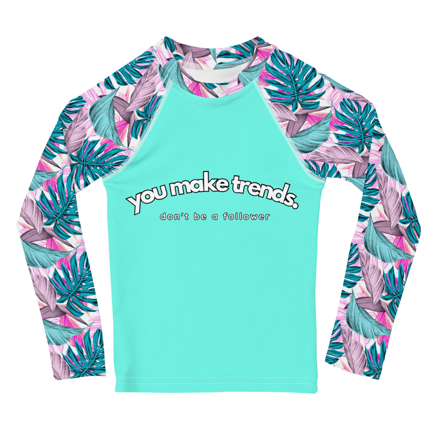 YMT classics kids long sleeve rash guard swim top UPF50 by day blue turquoise tropical.