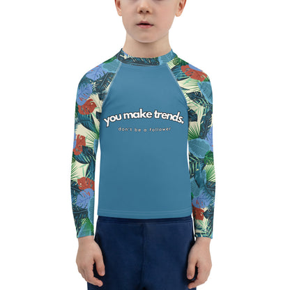 YMT classics kids long sleeve rash guard swim top UPF50 by day blue tropical.