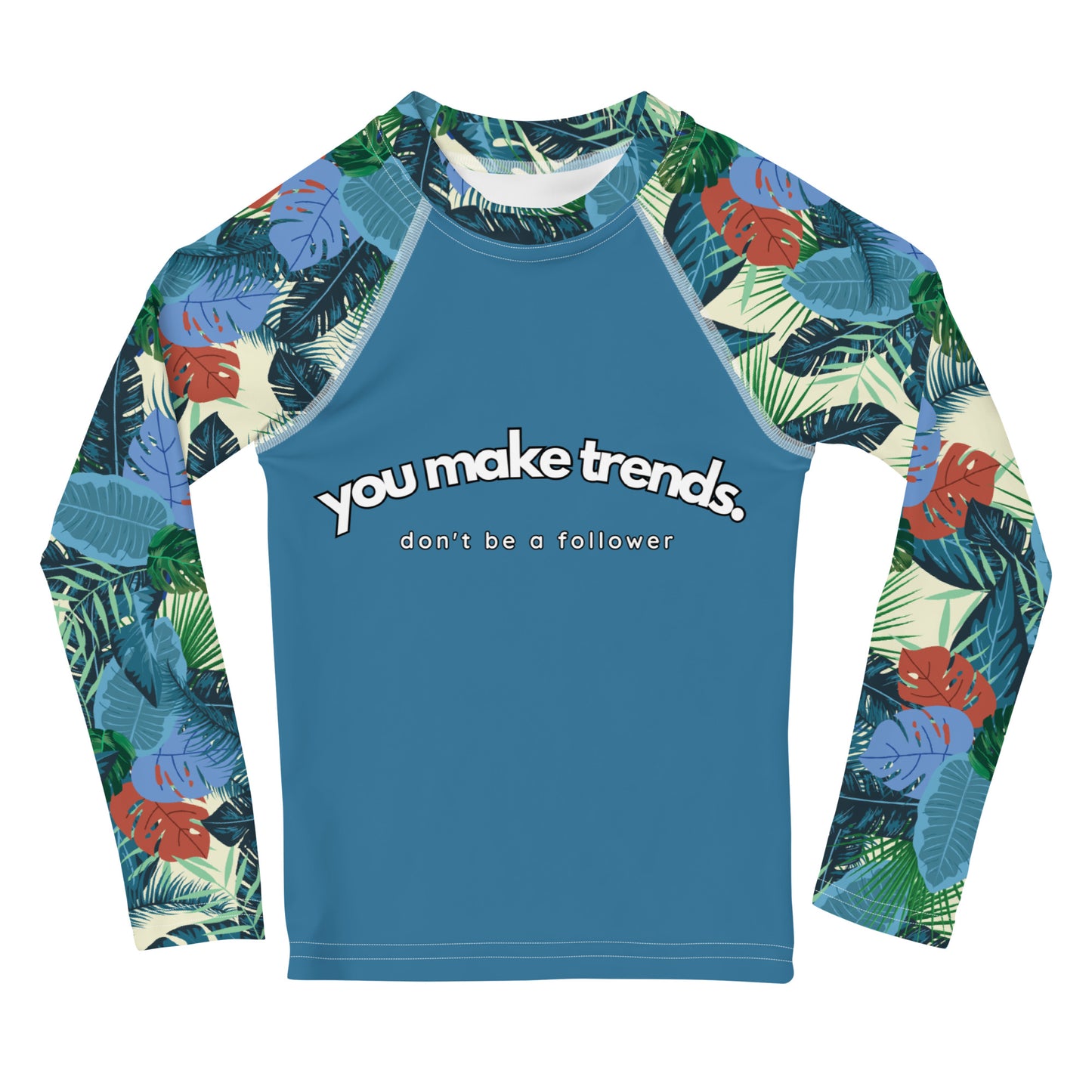 YMT classics kids long sleeve rash guard swim top UPF50 by day blue tropical.