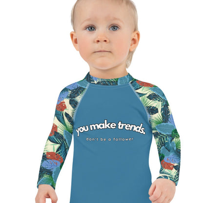 YMT classics kids long sleeve rash guard swim top UPF50 by day blue tropical.