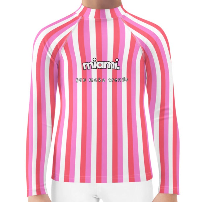 kids long sleeve rash guard swim top UPF50 miami by day neon pink coral stripes.