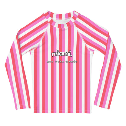 kids long sleeve rash guard swim top UPF50 miami by day neon pink coral stripes.