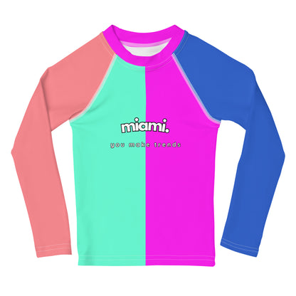 kids long sleeve rash guard swim top UPF50 miami by night colorblock pink.