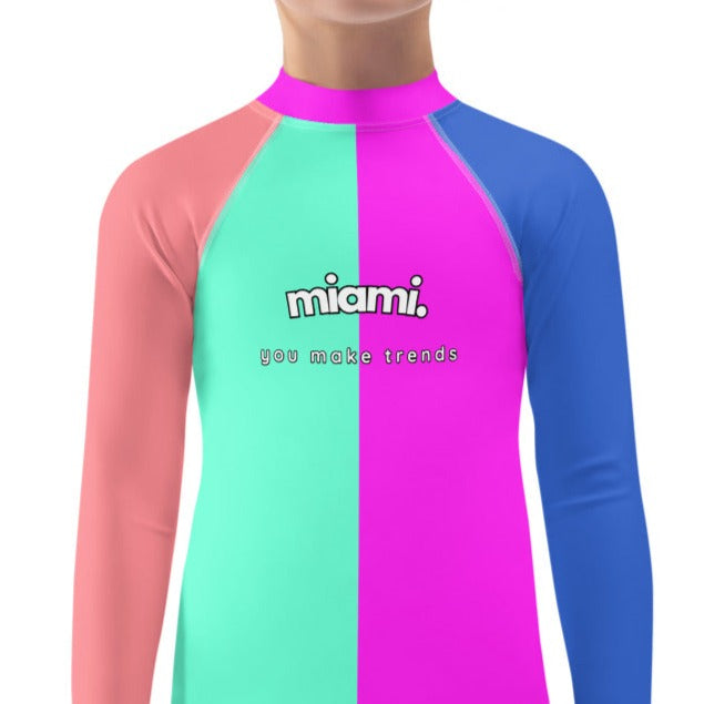 kids long sleeve rash guard swim top UPF50 miami by night colorblock pink.