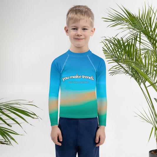 YMT classics kids long sleeve rash guard swim top UPF50 beach impression.