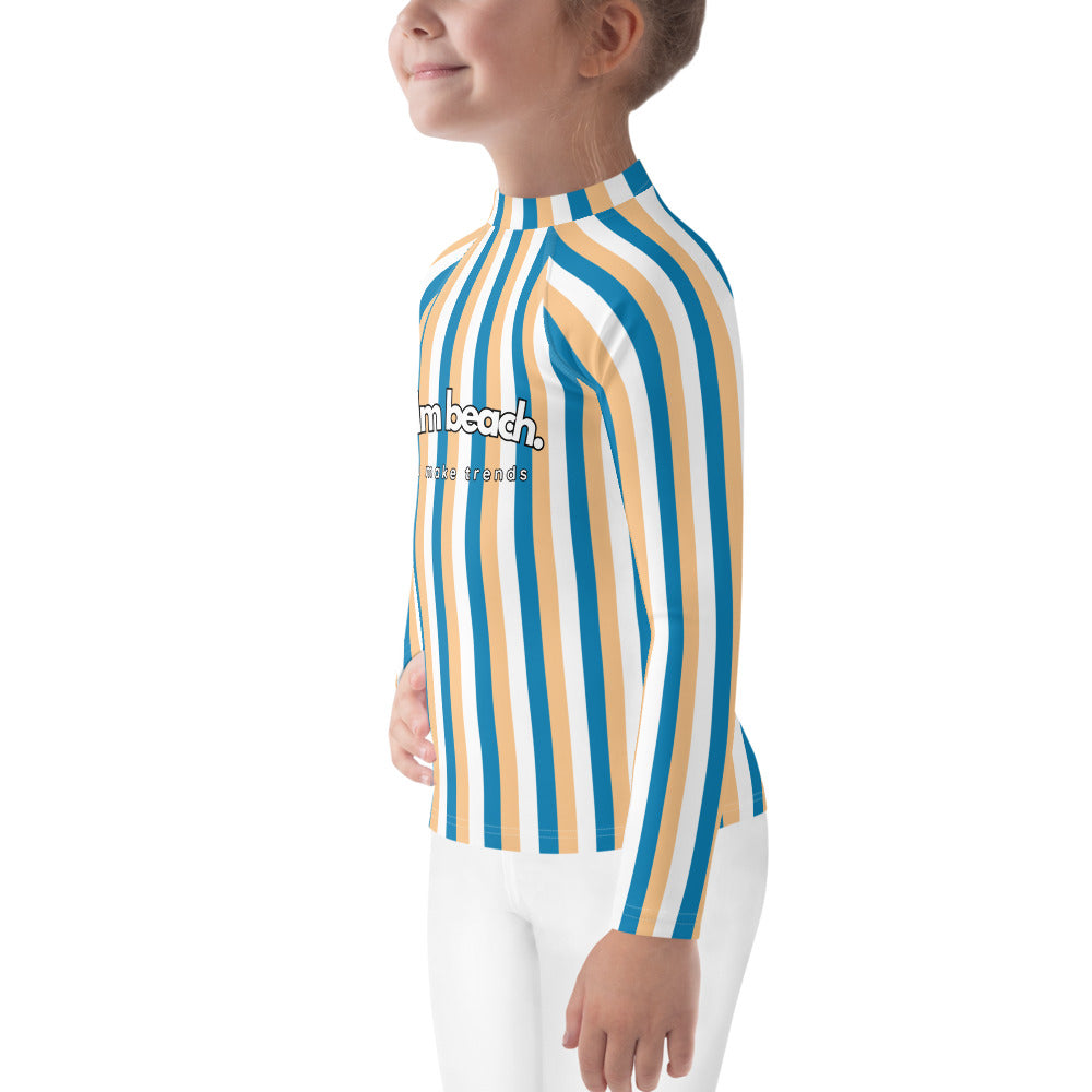 kids long sleeve rash guard swim top UPF50 palm beach by day blue yellow stripes.