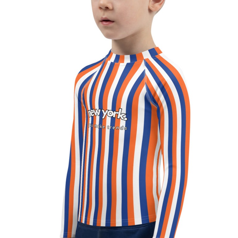 kids long sleeve rash guard swim top UPF50 new york by day orange blue indigo stripes.