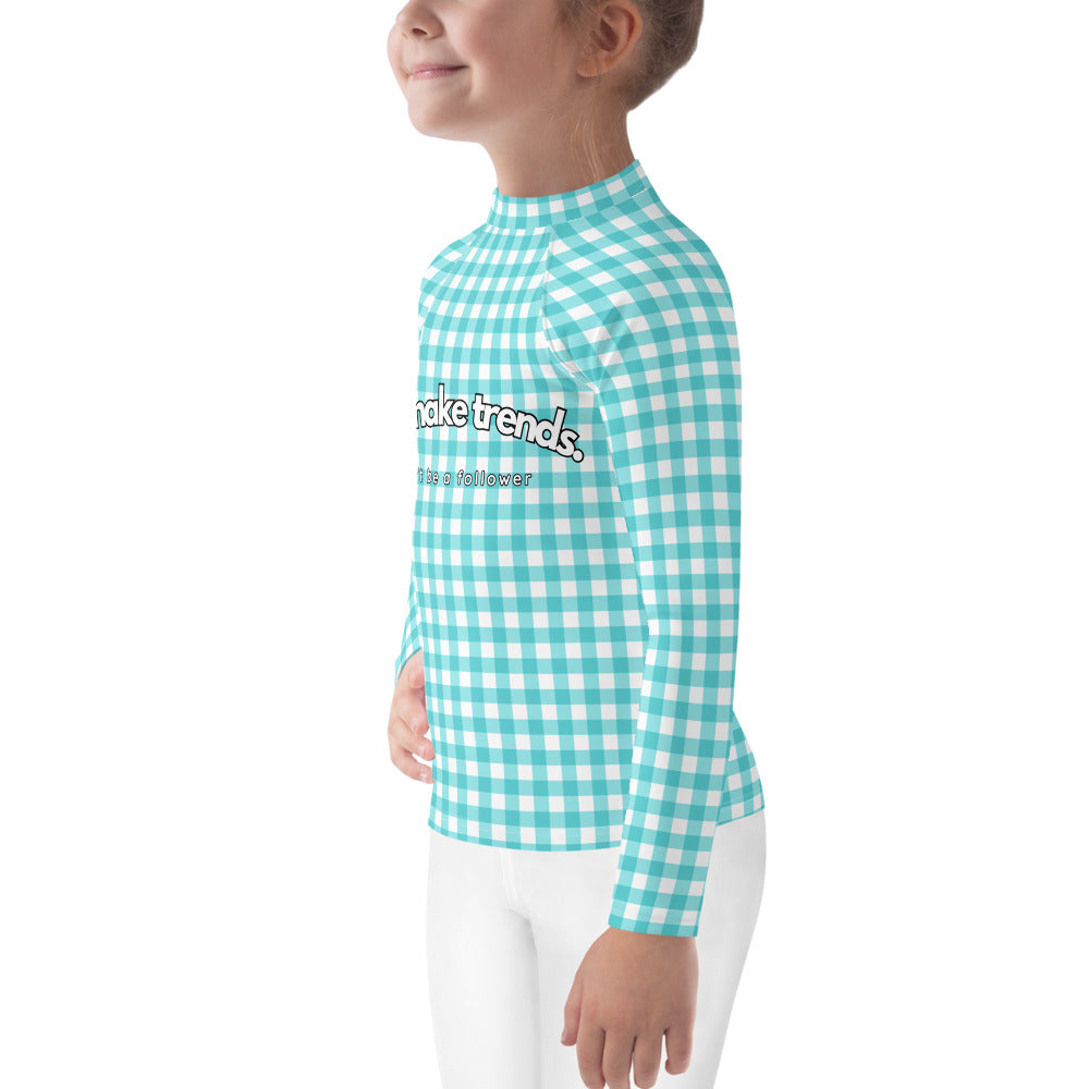 YMT classics kids long sleeve rash guard swim top UPF50 by day blue turquoise gingham.