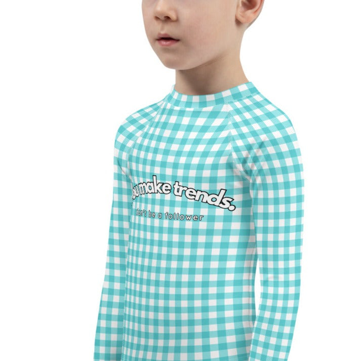 YMT classics kids long sleeve rash guard swim top UPF50 by day blue turquoise gingham.