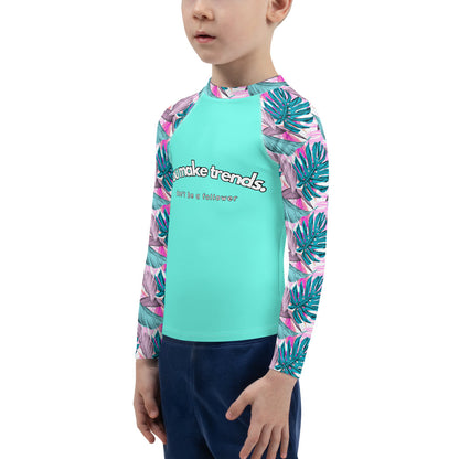 YMT classics kids long sleeve rash guard swim top UPF50 by day blue turquoise tropical.