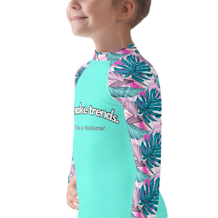 YMT classics kids long sleeve rash guard swim top UPF50 by day blue turquoise tropical.