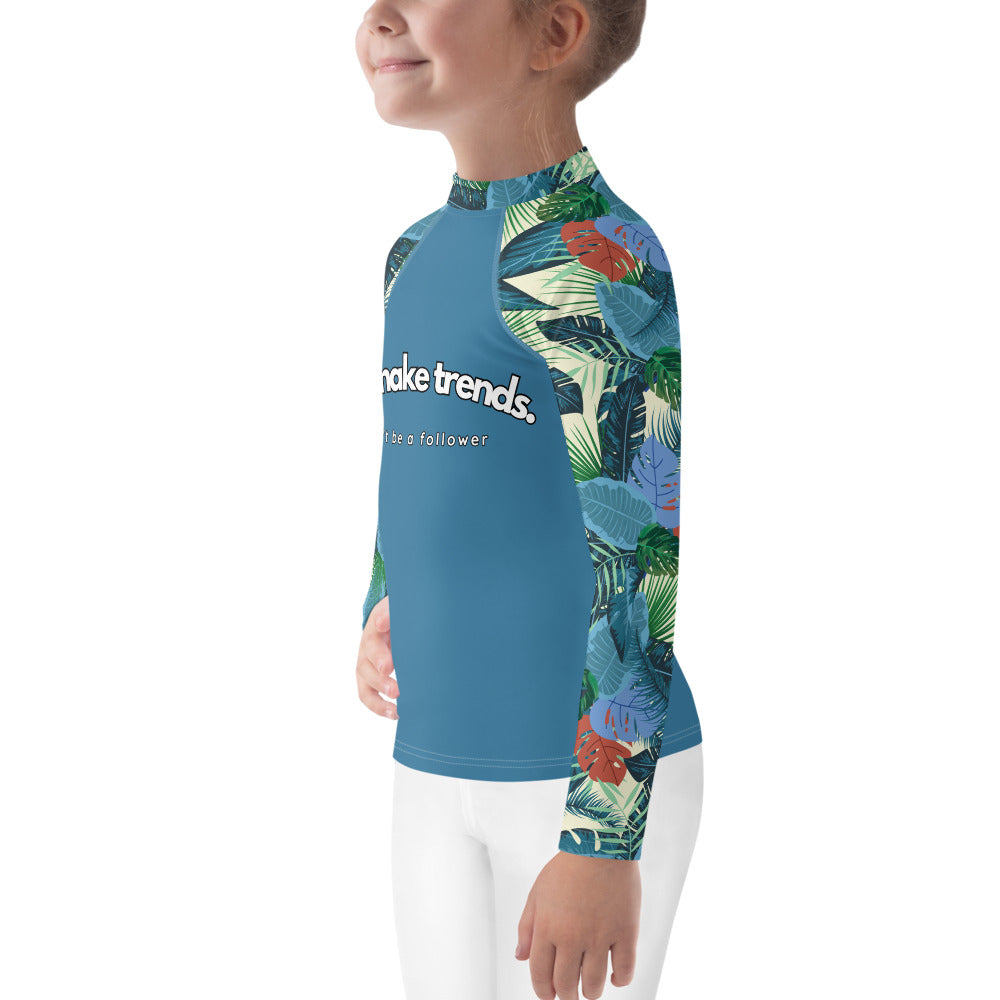 YMT classics kids long sleeve rash guard swim top UPF50 by day blue tropical.