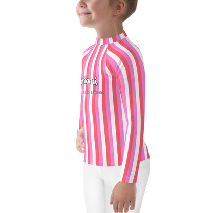 kids long sleeve rash guard swim top UPF50 miami by day neon pink coral stripes.