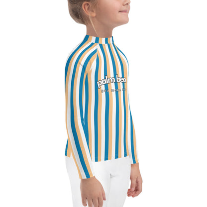 kids long sleeve rash guard swim top UPF50 palm beach by day blue yellow stripes.