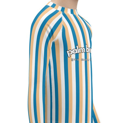 kids long sleeve rash guard swim top UPF50 palm beach by day blue yellow stripes.