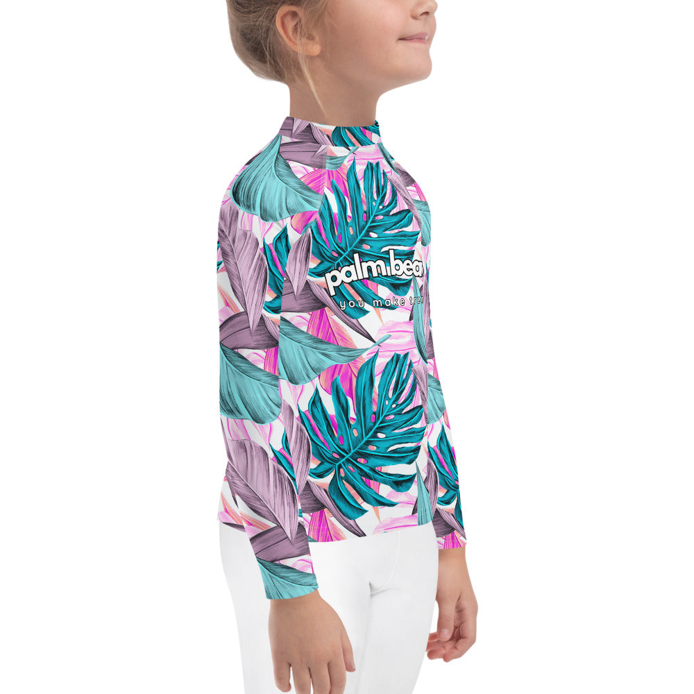 kids long sleeve rash guard swim top UPF50 palm beach by night pink tropical.