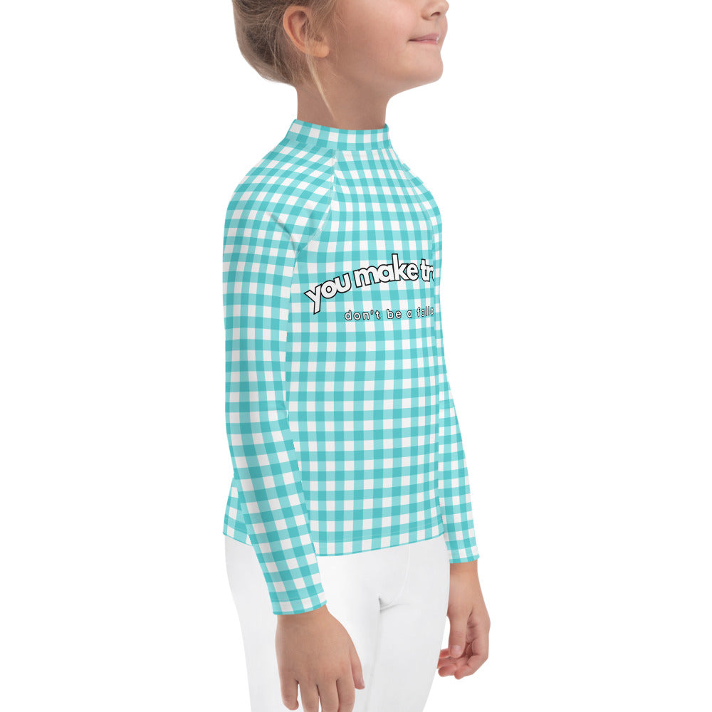 YMT classics kids long sleeve rash guard swim top UPF50 by day blue turquoise gingham.