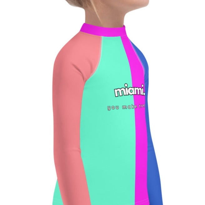 kids long sleeve rash guard swim top UPF50 miami by night colorblock pink.